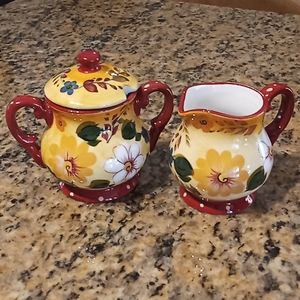 Oneida Sunset Bouquet Creamer And Sugar Dish With Notched Lid. Hand Painted.